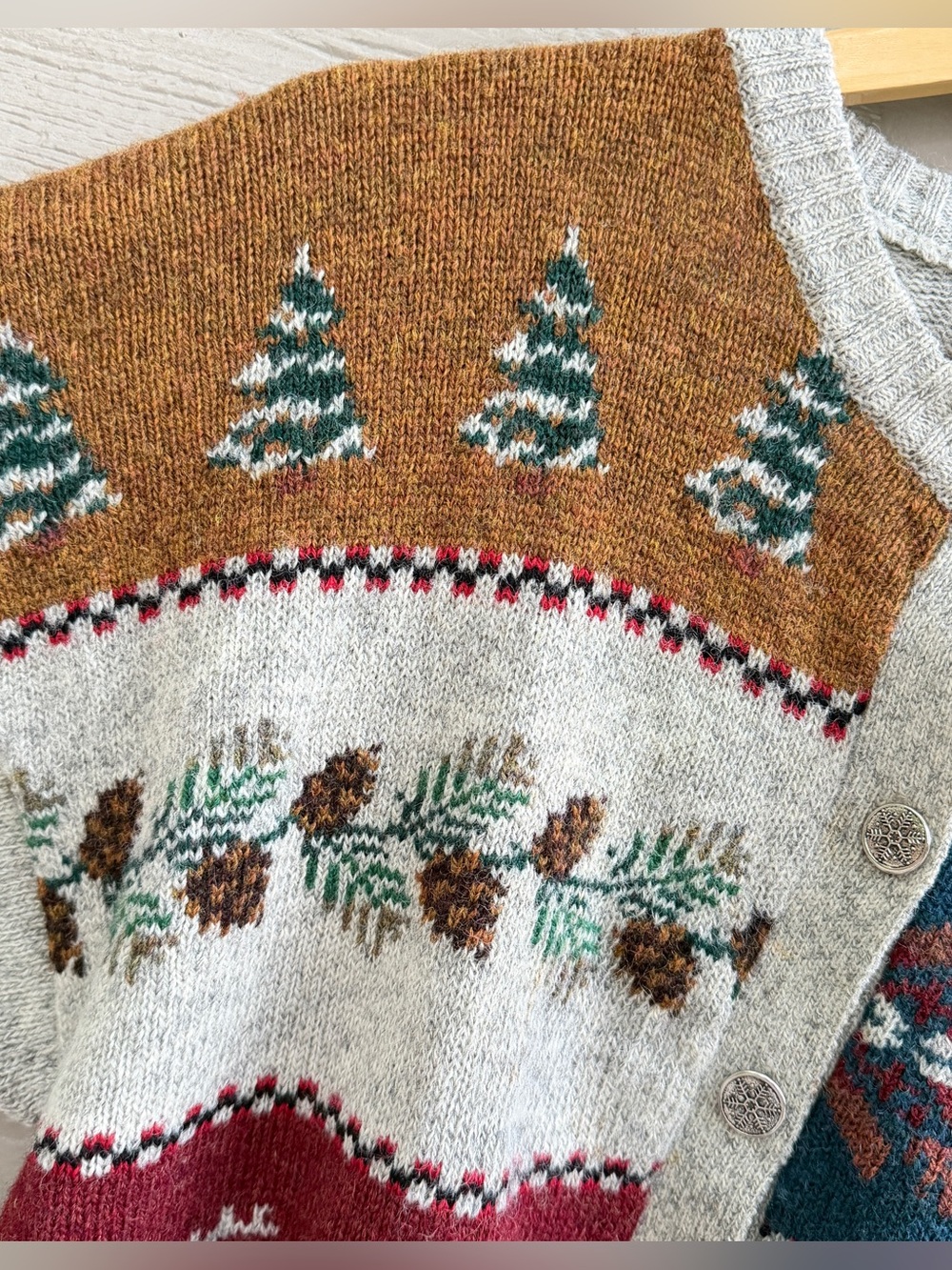 Vintage Woolrich Sweater Women XL Gray Wool Cardigan Fair Isle Deer Mountain 90s - Picture 7 of 13